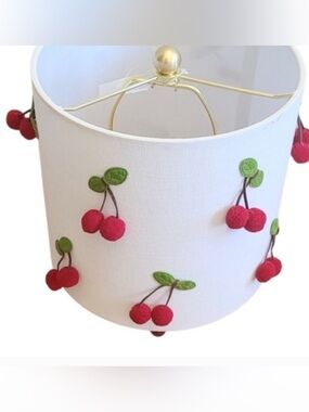 NWT 3D Raised Cherries On White Fabric Drum Lampshade 9” Gold Ball Finial Karma